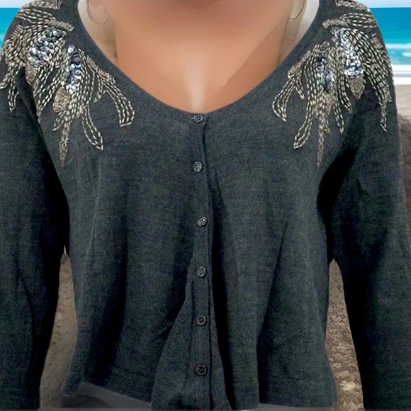 Free People Sweaters - Free People Sweater M Gray Knit Cardigan Coquette Beads Sequins Dark Academia